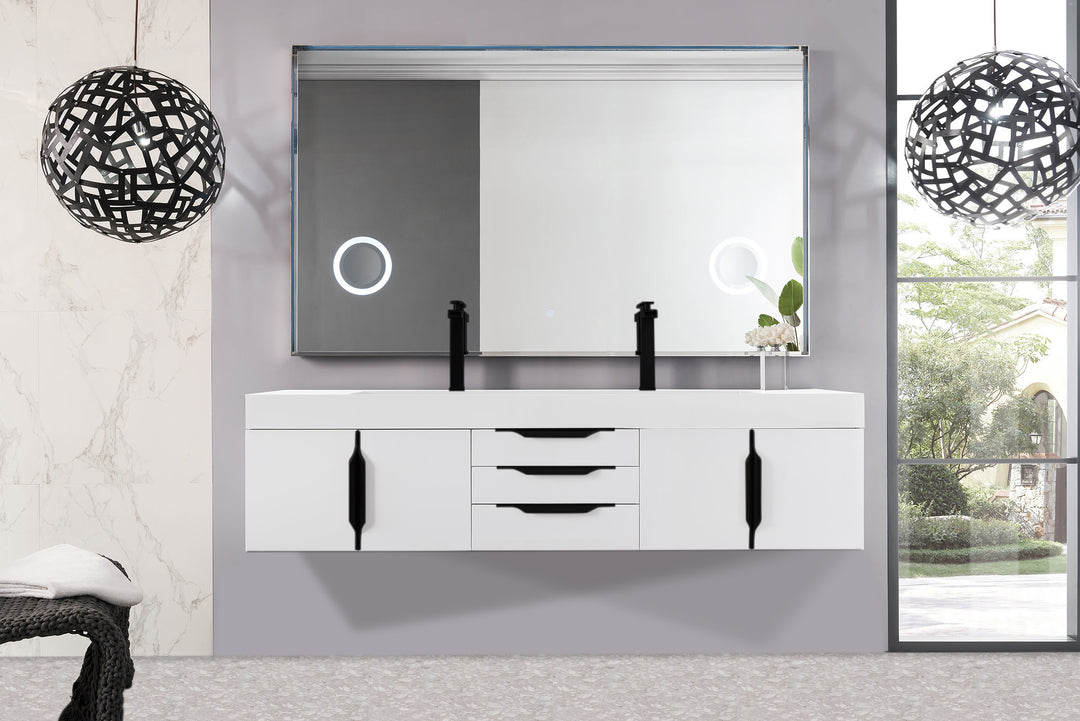 Columbia 72" Double Wall Mount Vanity, Glossy White, Matte Black w/ Glossy White Composite Stone Top