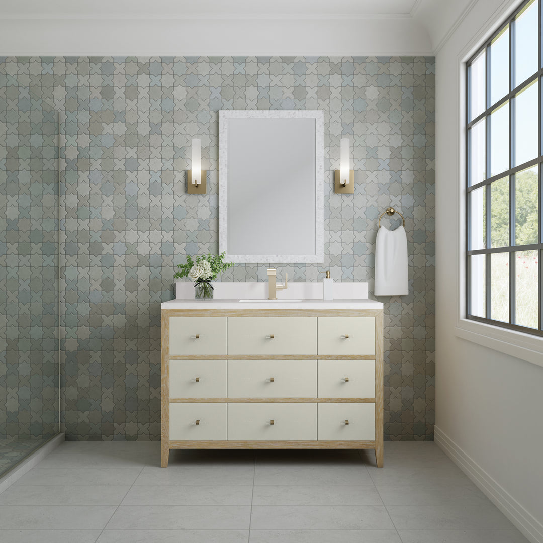 Celeste 48" Single Vanity, Sunwashed Oak with Embossed Shagreen w/ Single Hole 3 CM White Zeus Silestone Top & Backsplash