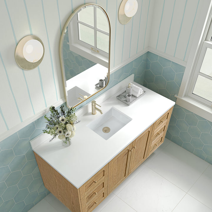Laurent 60" Single Vanity, Light Natural Oak, w/ Single Hole 3 CM White Zeus Quartz Top & Backsplash