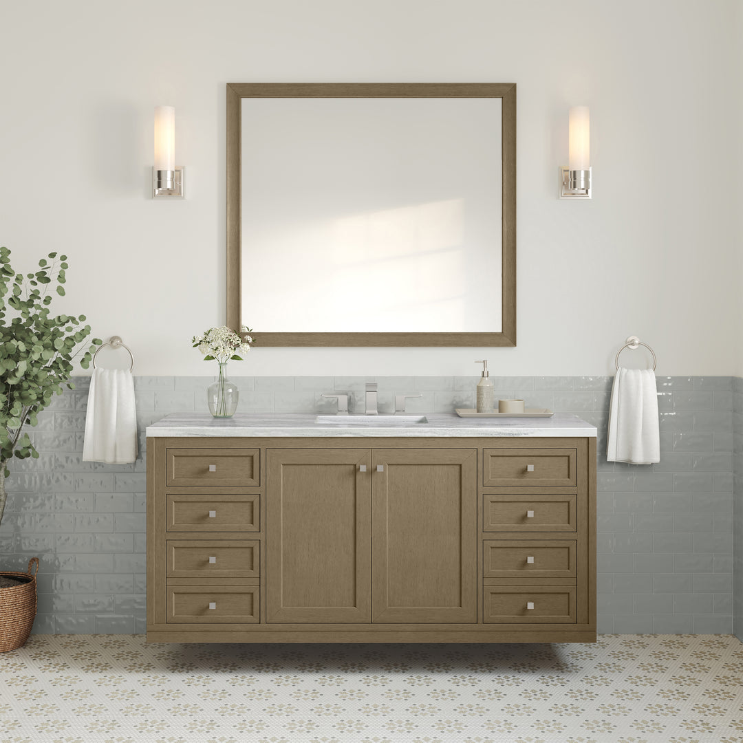 Chicago 60" Single Vanity, Walnut Whisper, w/ 3 CM Arctic Fall Solid Surface Top