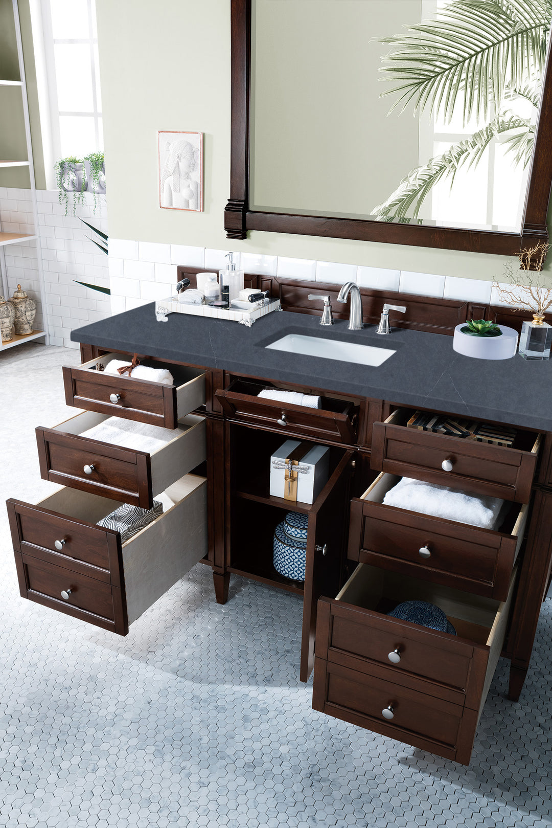 Brittany 60" Single Vanity, Burnished Mahogany w/ 3 CM Charcoal Soapstone Silestone Top