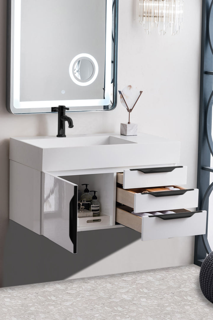 Columbia 36" Single Wall Mount Vanity, Glossy White, Matte Black w/ Glossy White Composite Stone Top