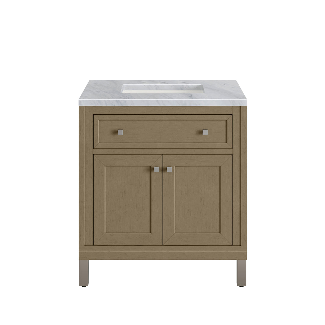 Chicago 30" Single Vanity, Walnut Whisper, w/ 3 CM Carrara Marble Top