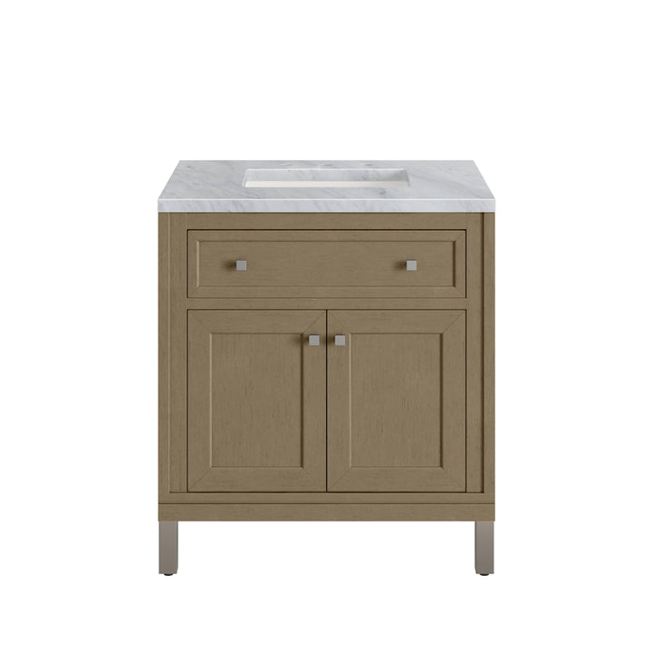 Chicago 30" Single Vanity, Walnut Whisper, w/ 3 CM Carrara Marble Top