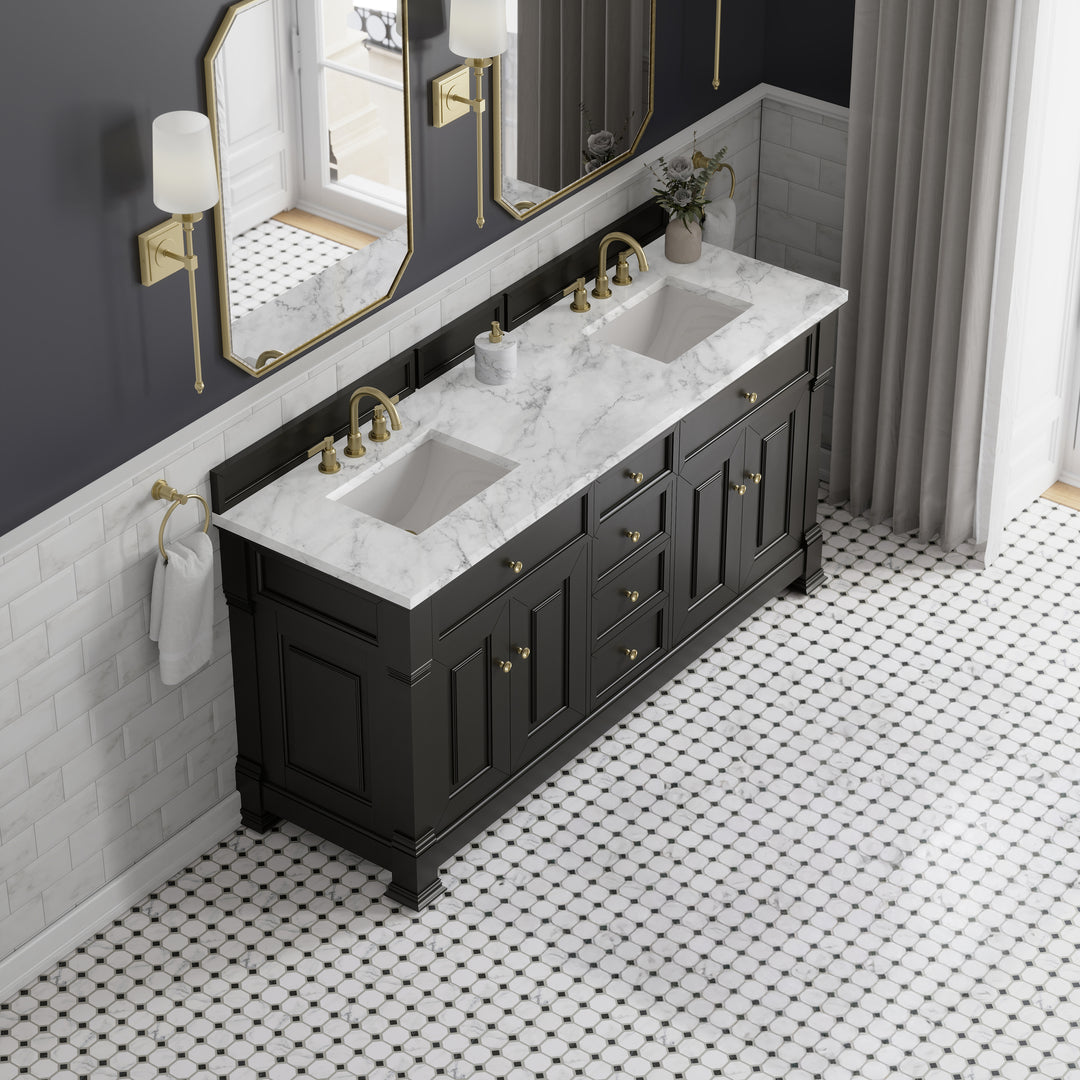 Brookfield 72" Double Vanity, Black Onyx w/3 CM Carrara White Marble Top