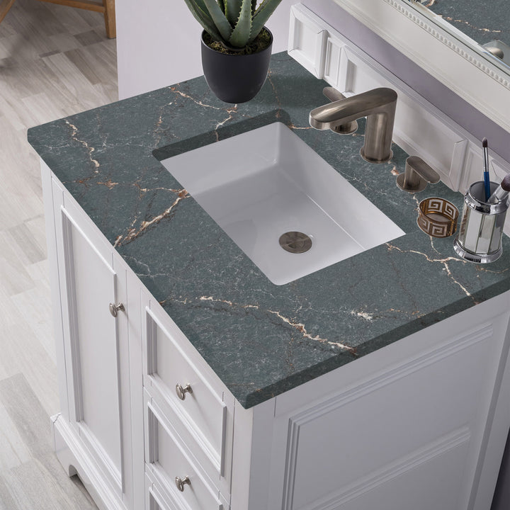 De Soto 30" Single Vanity, Bright White w/ 3 CM Parisien Bleu Silestone Top