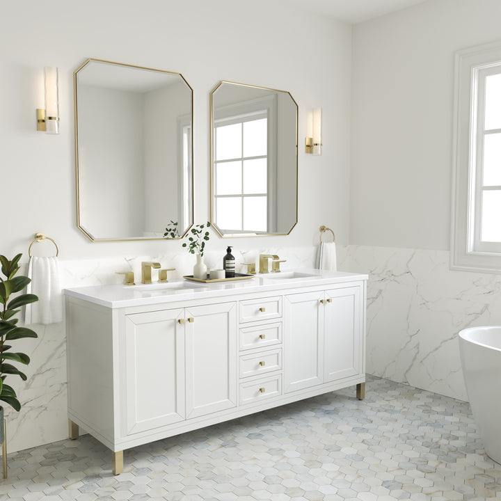 Chicago 72" Double Vanity, Glossy White, w/ 3 CM White Zeus Silestone® Top