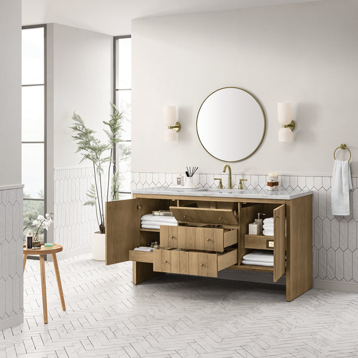 Hudson 60" Single Vanity, Light Natural Oak w/ 3 CM Victorian Silver Top w/ FreePower Wireless Charger