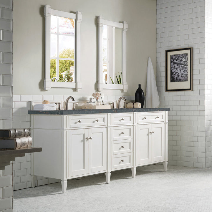 Brittany 72" Double Vanity, Bright White Vanity w/ 3 CM Parisien Bleu Silestone Top