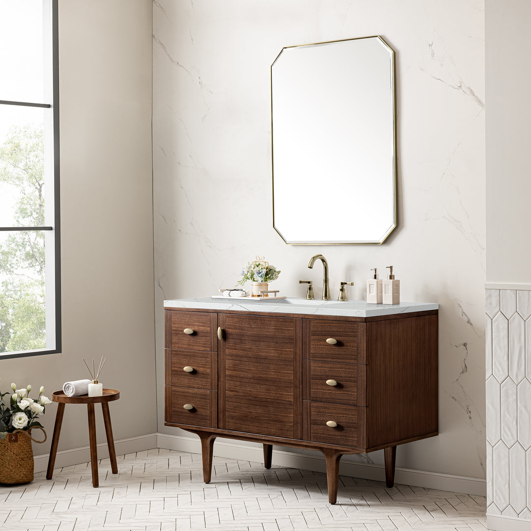 Amberly 48" Single Vanity, Mid-Century Walnut w/ 3 CM Ethereal Noctis Top w/FreePower Wireless Charger