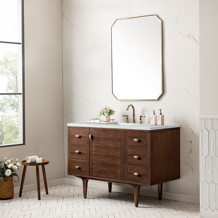 Amberly 48" Single Vanity, Mid-Century Walnut w/ 3 CM Ethereal Noctis Top w/FreePower Wireless Charger