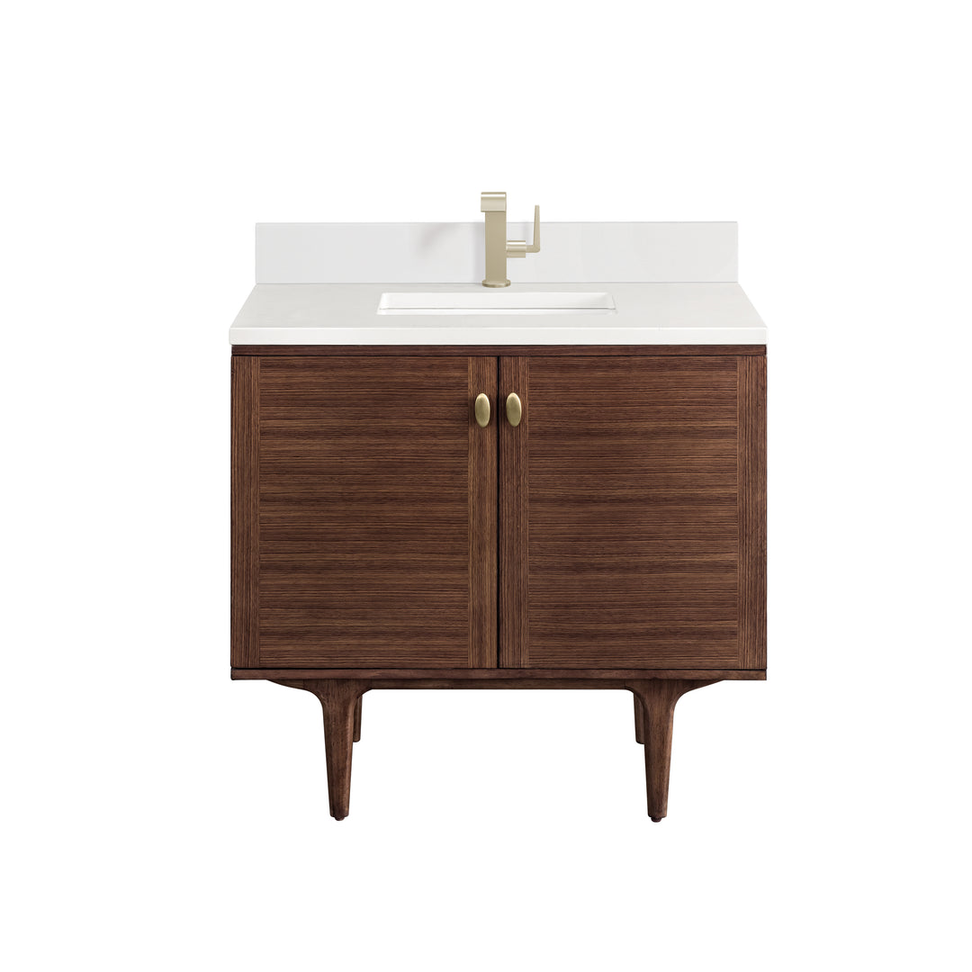 Amberly 36" Single Vanity, Mid-Century Walnut w/ Single Hole 3 CM White Zeus Top & Backsplash