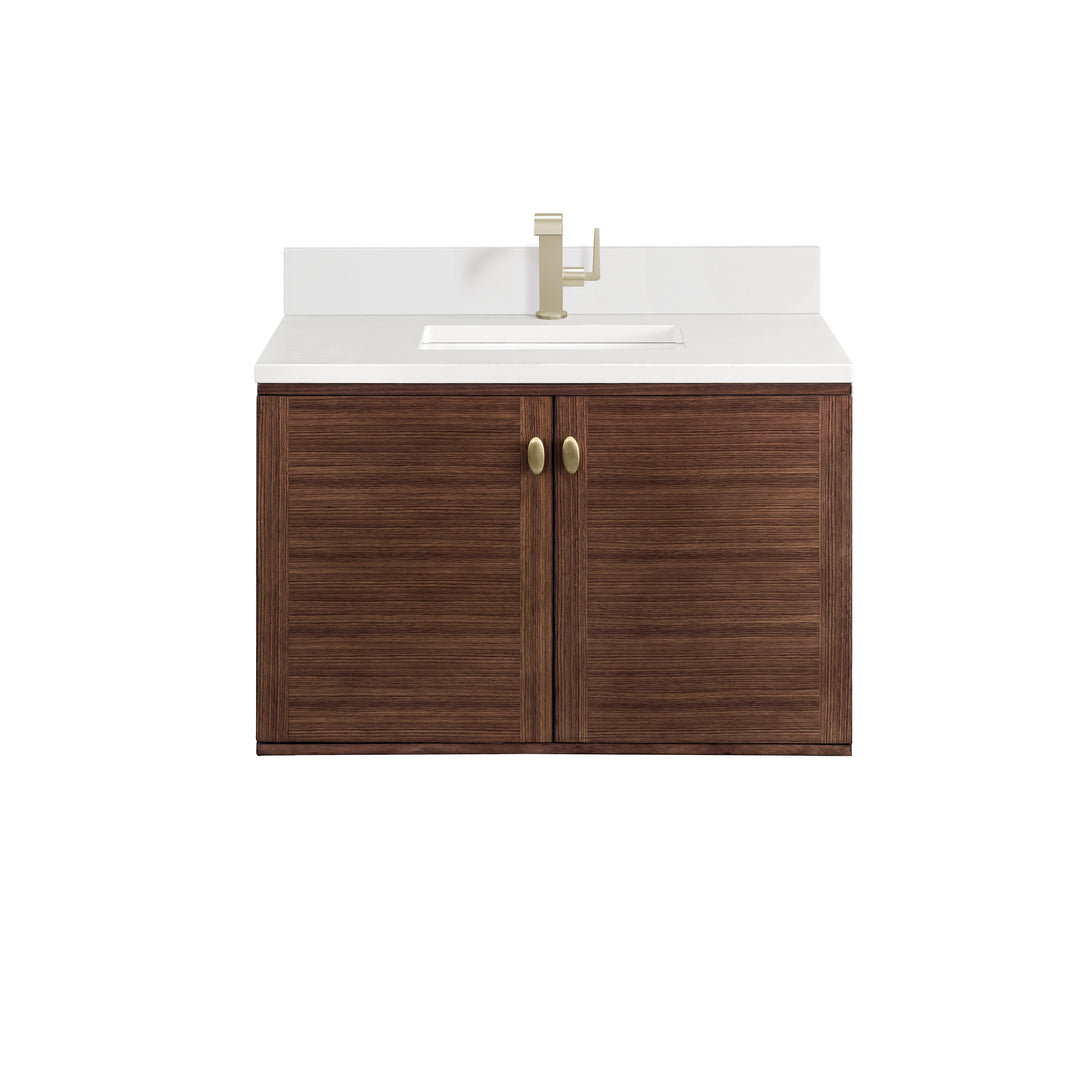 Amberly 36" Single Vanity, Mid-Century Walnut w/ Single Hole 3 CM White Zeus Top & Backsplash