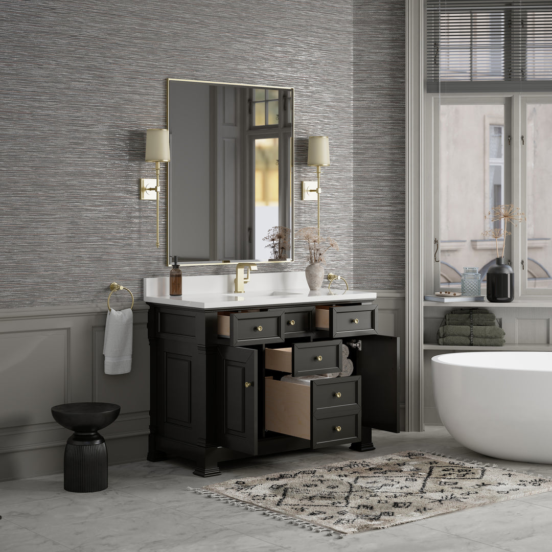 Brookfield 48" Single Vanity, Black Onyx w/ Single Hole 3 CM White Zeus Silestone® Top & Backsplash