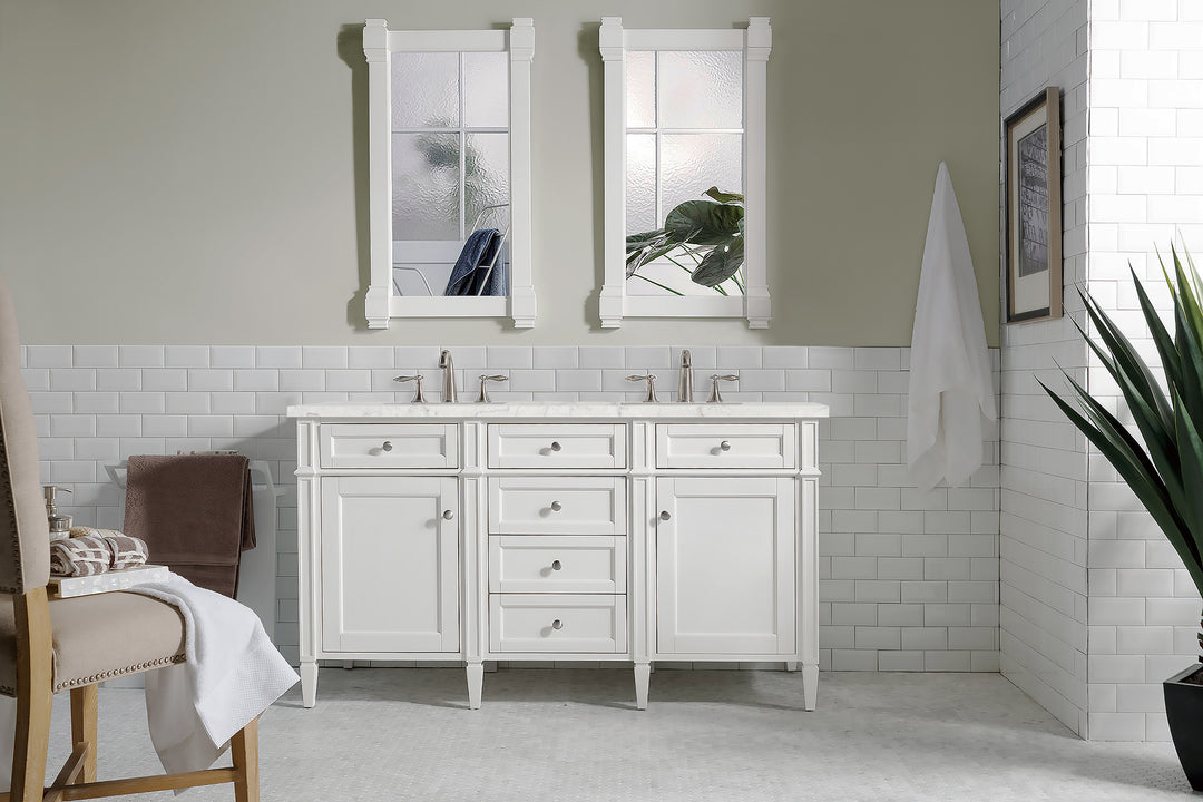 Brittany 60" Double Vanity, Bright White Vanity w/ 3 CM Eternal Jasmine Pearl Silestone Top