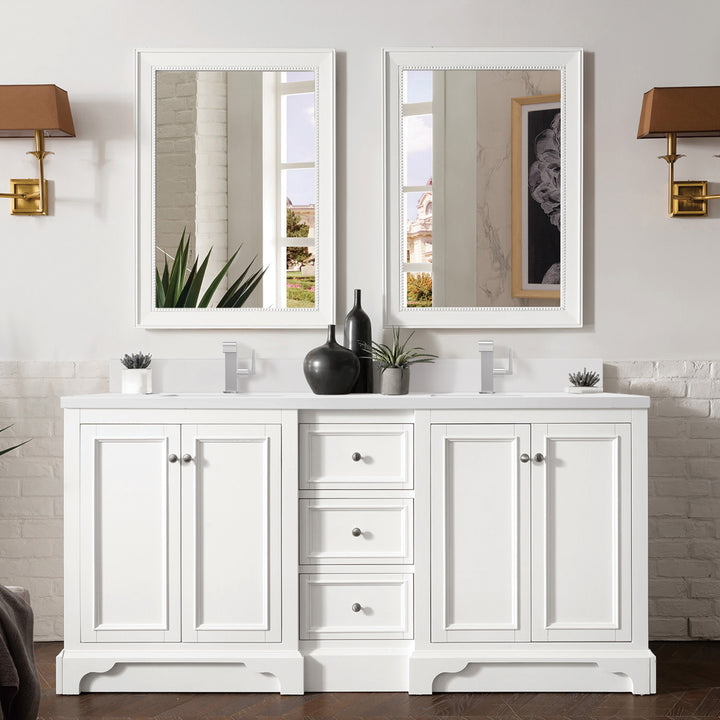 De Soto 72" Double Vanity, Bright White w/ Single Hole 3 CM White Zeus Silestone Top & Backsplash