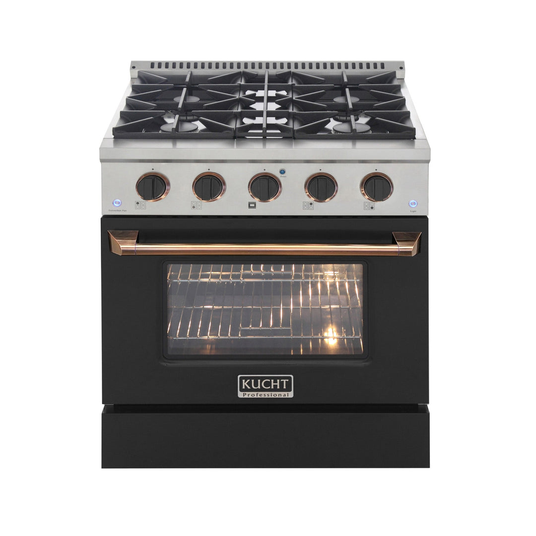 KUCHT Professional 30 in. 4.2 cu. ft. Dual Fuel Range for Propane Gas with Sealed Burners and Convection Oven in Stainless Steel with Black Oven Door, Black Knobs and Gold Handle & Gold Knob Rings