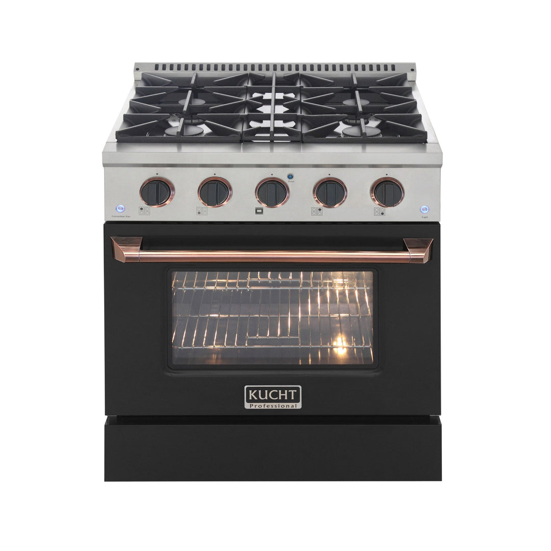 KUCHT Professional 30 in. 4.2 cu. ft. Dual Fuel Range for Propane Gas with Sealed Burners and Convection Oven in Stainless Steel with Black Oven Door, Black Knobs and Rose Gold Handle & Rose Gold Knob Rings