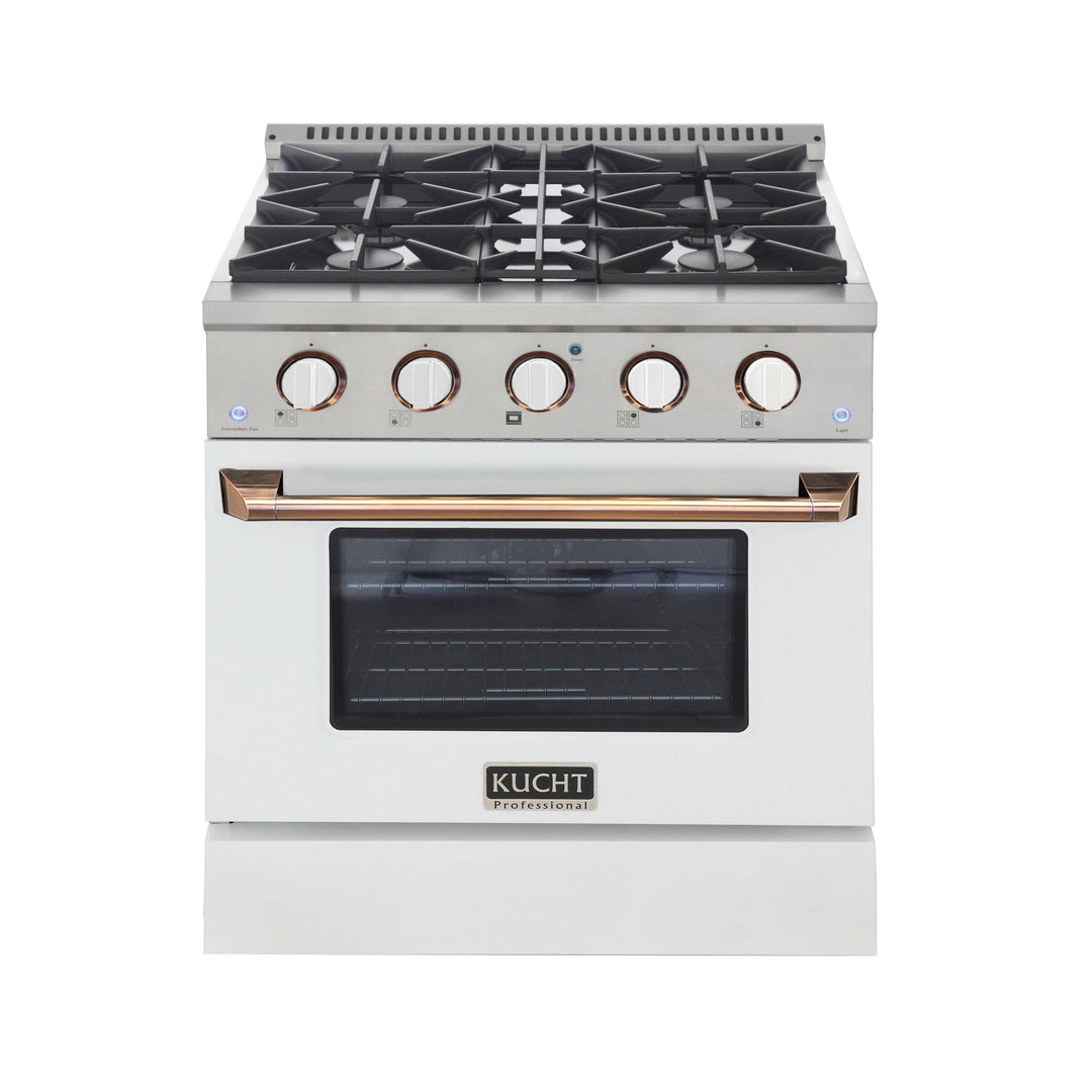 KUCHT Professional 30 in. 4.2 cu. ft.¨Propane Gas Range with Sealed Burners and Convection Oven in Stainless Steel with White Oven Door, White Knobs and Gold Handle & Gold Knob Rings