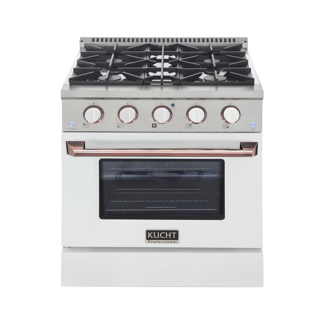 KUCHT Professional 30 in. 4.2 cu. ft.¨Propane Gas Range with Sealed Burners and Convection Oven in Stainless Steel with White Oven Door, White Knobs and Rose Gold Handle & Rose Gold Knob Rings