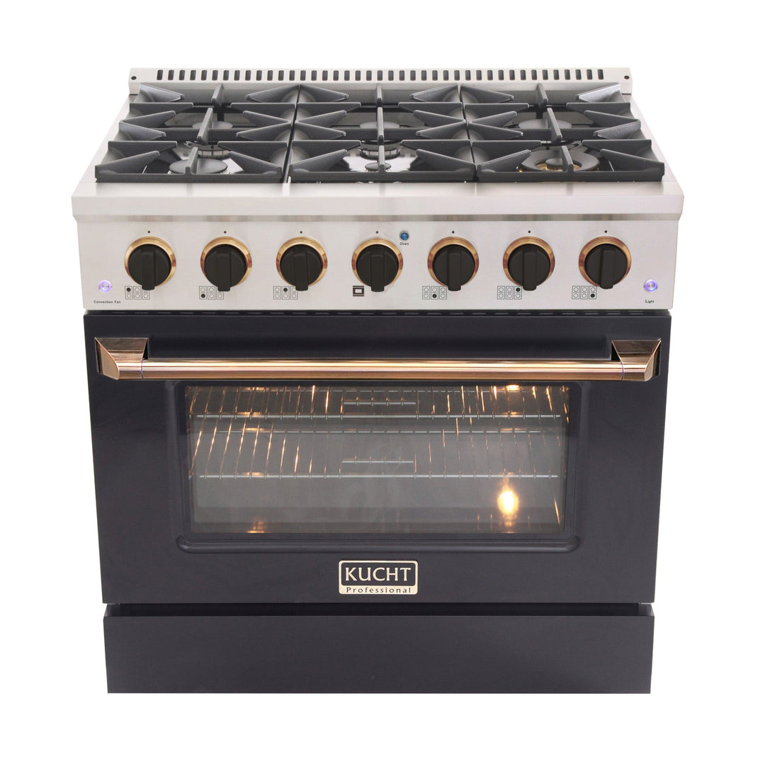 KUCHT Professional 36 in. 5.2 cu. ft. Dual Fuel Range for Propane Gas with Sealed Burners and Convection Oven in Stainless Steel with Black Oven Door, Black Knobs and  Gold Handle & Gold Knob Rings
