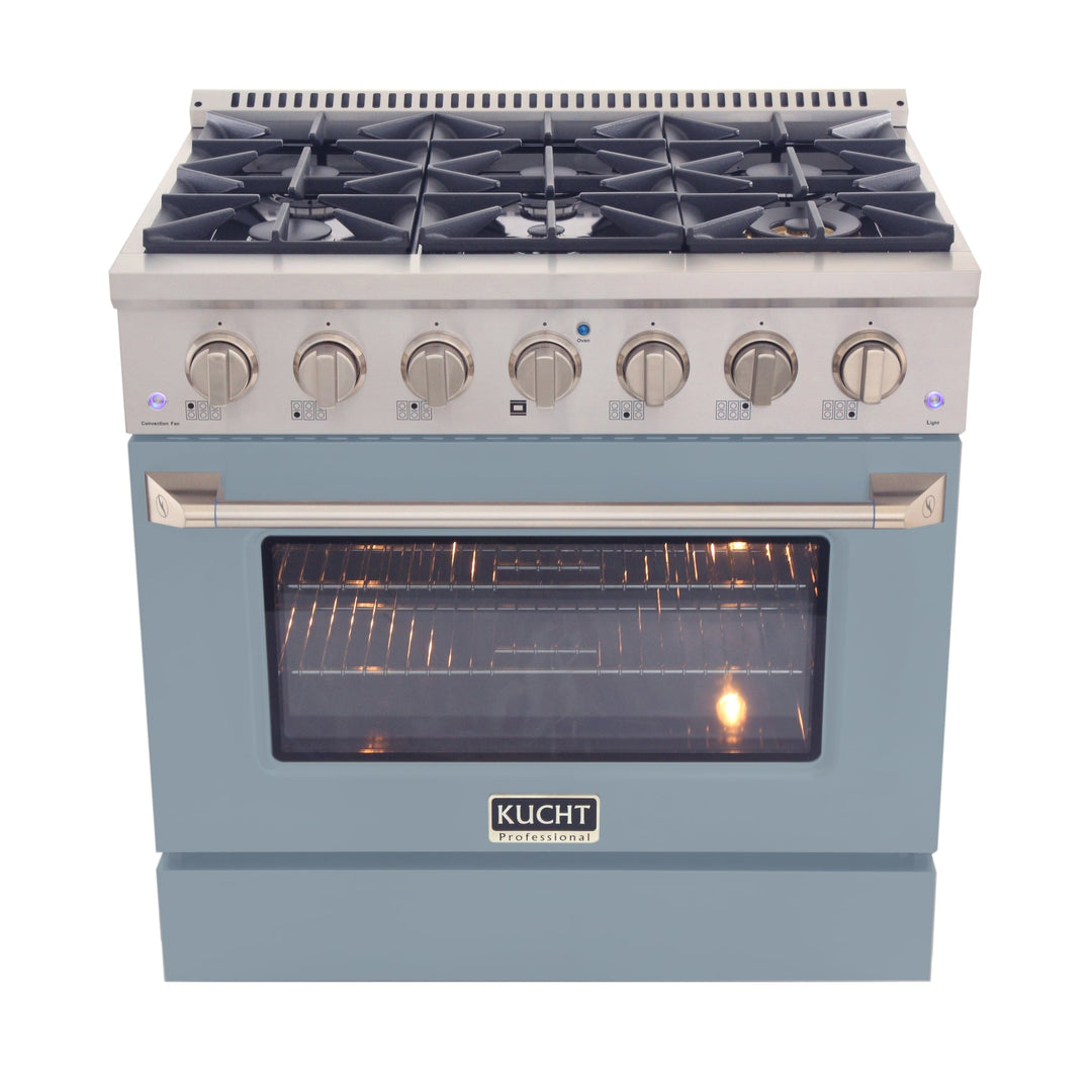 KUCHT Professional 36 in. 5.2 cu. ft. Dual Fuel Range for Propane Gas with Sealed Burners and Convection Oven in Stainless Steel with Light Blue Oven Door