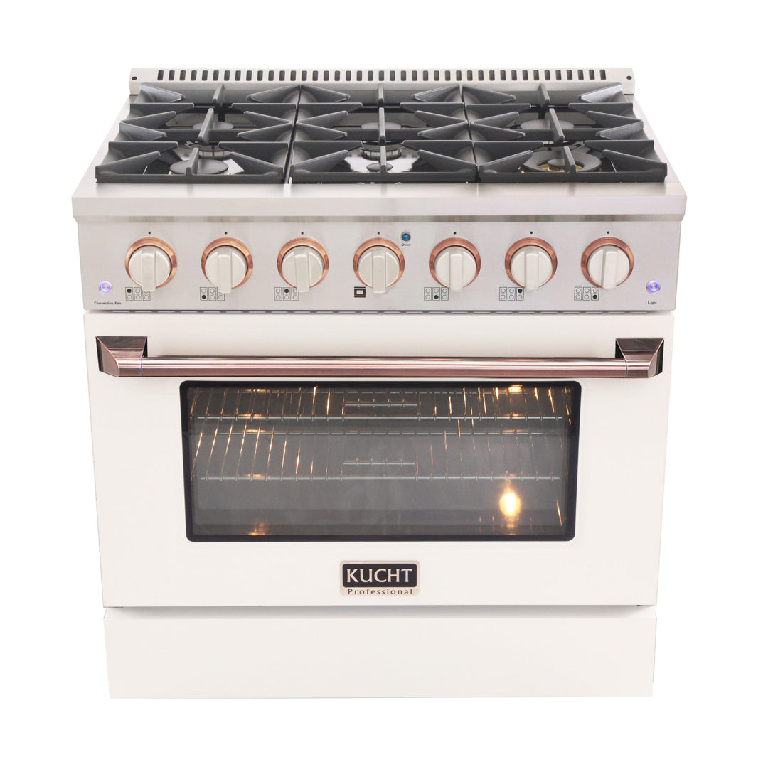 KUCHT Professional 36 in. 5.2 cu. ft. Dual Fuel Range for Propane Gas with Sealed Burners and Convection Oven in Stainless Steel with White Oven Door, White Knobs and Rose Gold Handle & Rose Gold Knob Rings