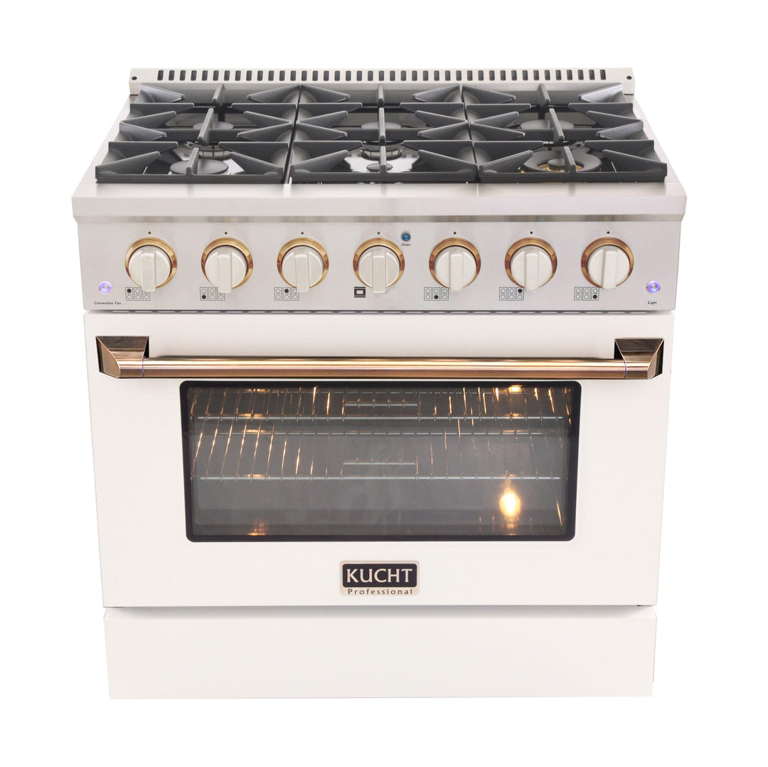 KUCHT Professional 36 in. 5.2 cu. ft. Propane Gas Range with Sealed Burners and Convection Oven in Stainless Steel with White Oven Door, White Knobs and  Gold Handle & Gold Knob Rings