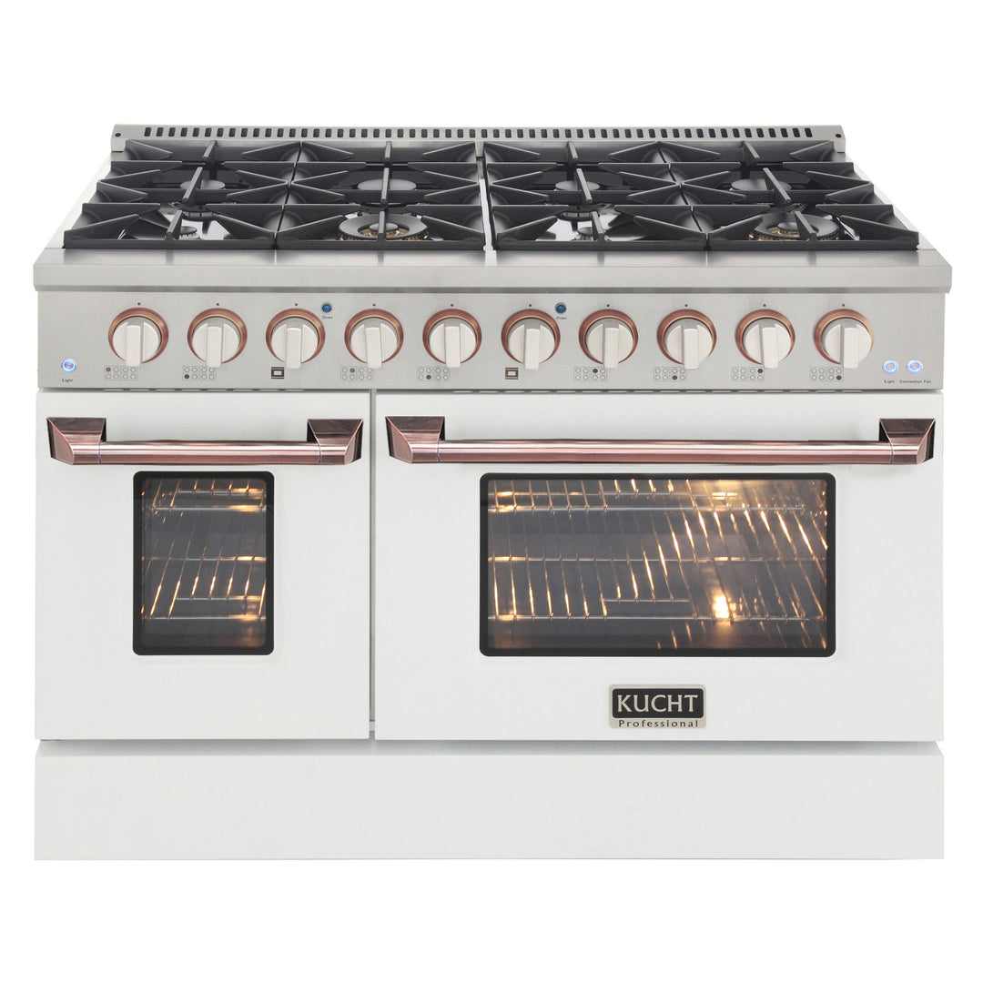 KUCHT Professional 48 in. 6.7 cu. ft. Dual Fuel Range for Natural Gas Sealed Burners, Griddle/Grill and Two Ovens - One Convection - in Stainless Steel with White Oven Door, White Knobs and Rose Gold Handle and Knob Rings