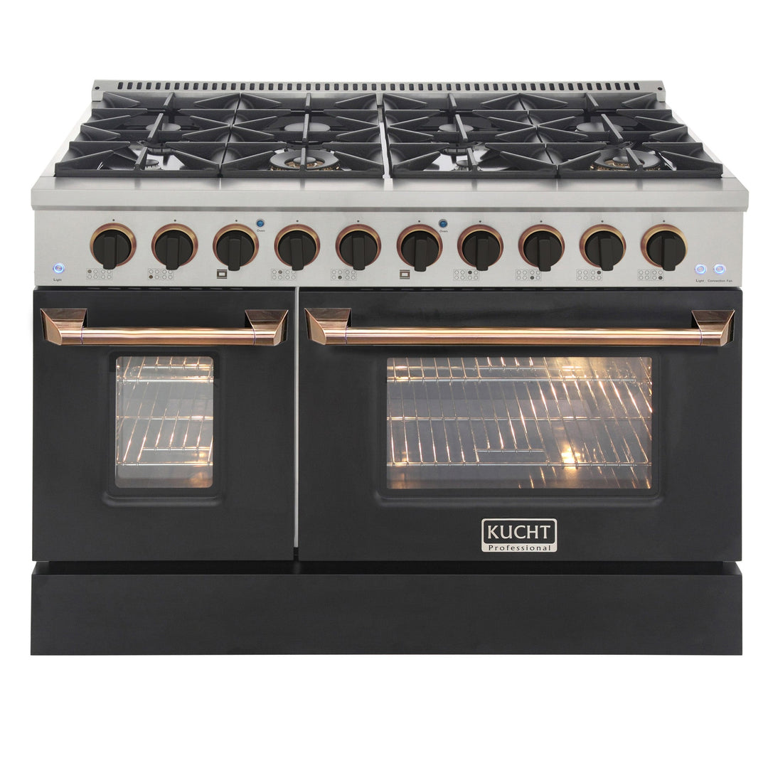 KUCHT Professional 48 in. 6.7 cu. ft. Dual Fuel Range for Natural Gas with Sealed Burners, Griddle/Grill and Two Ovens - One Convection - in Stainless Steel with Black Oven Door, Black Knobs and Gold Handle and Gold Knob Rings
