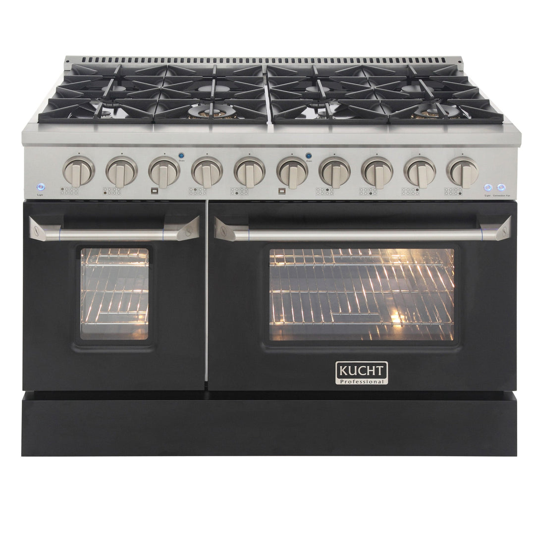 KUCHT Professional 48 in. 6.7 cu. ft. Dual Fuel Range for Natural Gas with Sealed Burners, Griddle/Grill and Two Ovens - One Convection - in Stainless Steel with Black Oven Doors