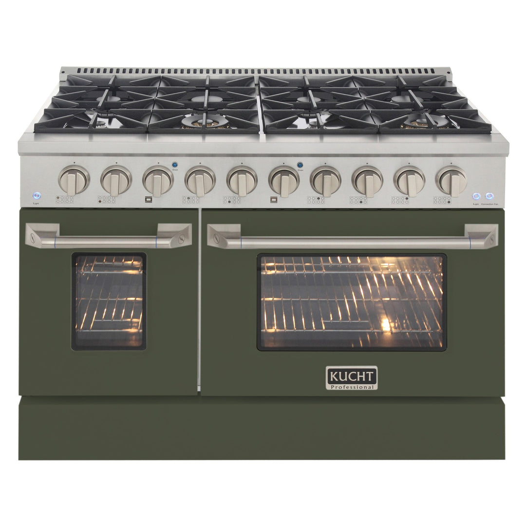 KUCHT Professional 48 in. 6.7 cu. ft. Dual Fuel Range for Natural Gas with Sealed Burners, Griddle/Grill and Two Ovens - One Convection - in Stainless Steel with Olive Green Oven Door