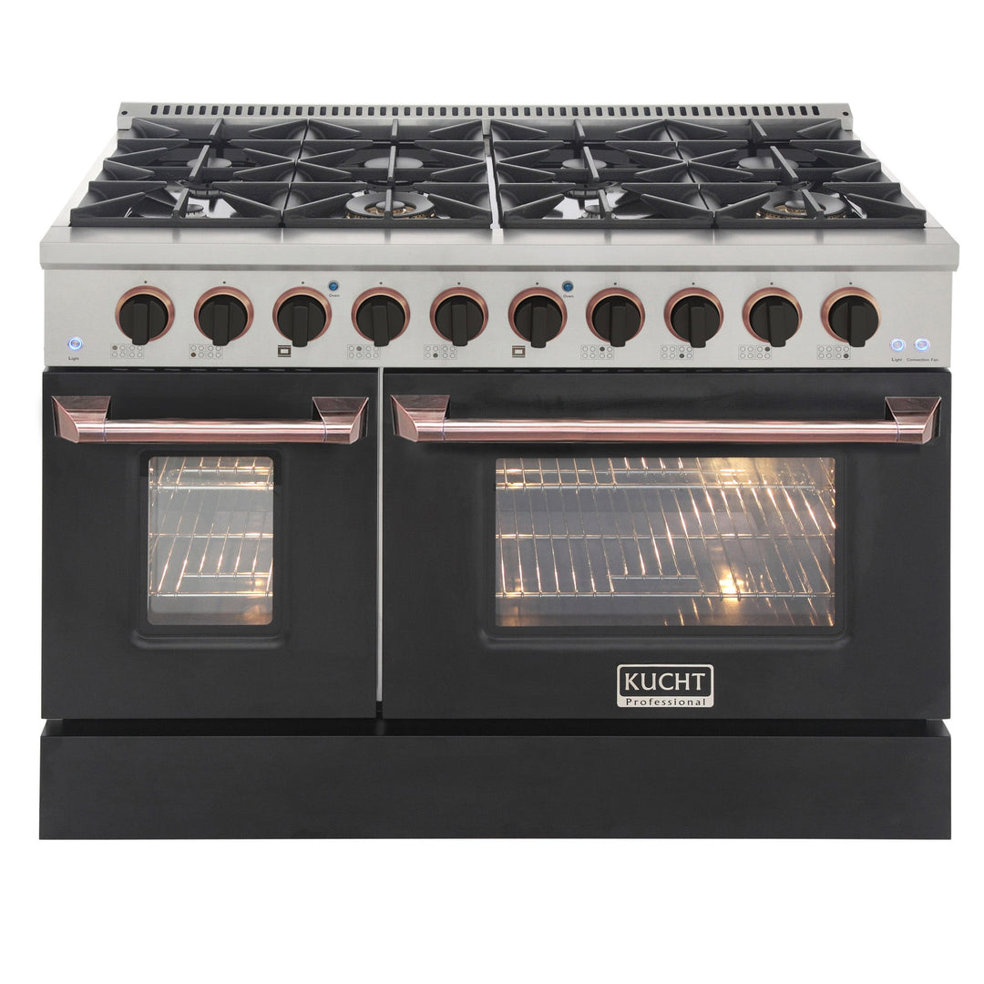 KUCHT Professional 48 in. 6.7 cu. ft. Dual Fuel Range for Propane Gas with Sealed Burners, Griddle/Grill and Two Ovens - One Convection - in Stainless Steel with Black Oven Door, Black Knobs and Rose Gold Handle and Rose Gold Knob Rings