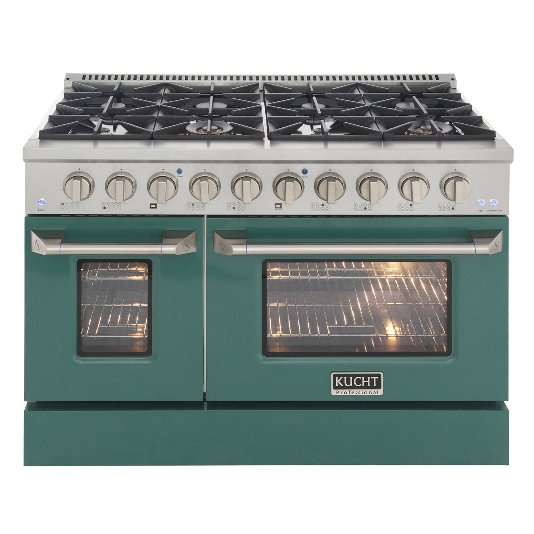 KUCHT Professional 48 in. 6.7 cu. ft. Dual Fuel Range for Propane Gas with Sealed Burners, Griddle/Grill and Two Ovens - One Convection - in Stainless Steel with Green Oven Doors