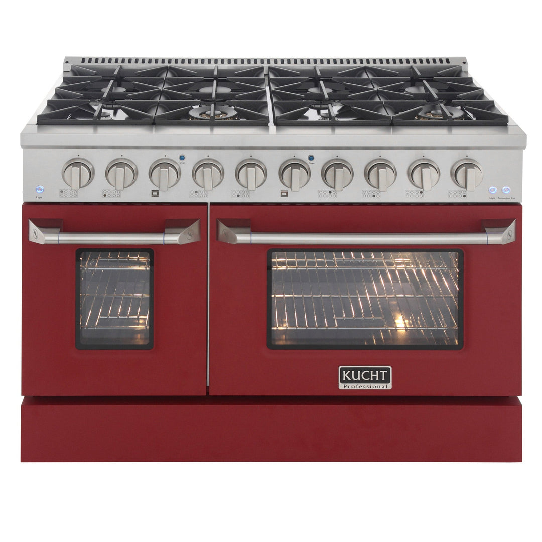 KUCHT Professional 48 in. 6.7 cu. ft. Dual Fuel Range for Propane Gas with Sealed Burners, Griddle/Grill and Two Ovens - One Convection - in Stainless Steel with Red Oven Doors