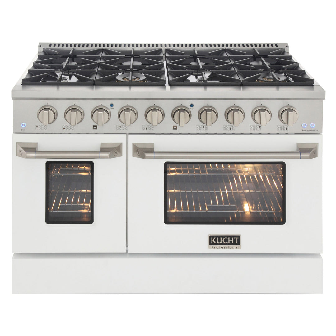 KUCHT Professional 48 in. 6.7 cu. ft. Dual Fuel Range for Propane Gas with Sealed Burners, Griddle/Grill and Two Ovens - One Convection - in Stainless Steel with White Oven Door