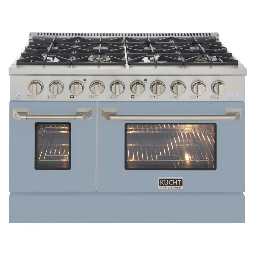 KUCHT Professional 48 in. 6.7 cu. ft. Natural Gas Range with Sealed Burners, Griddle/Grill and Two Ovens - One Convection - in Stainless Steel with Light Blue Oven Door