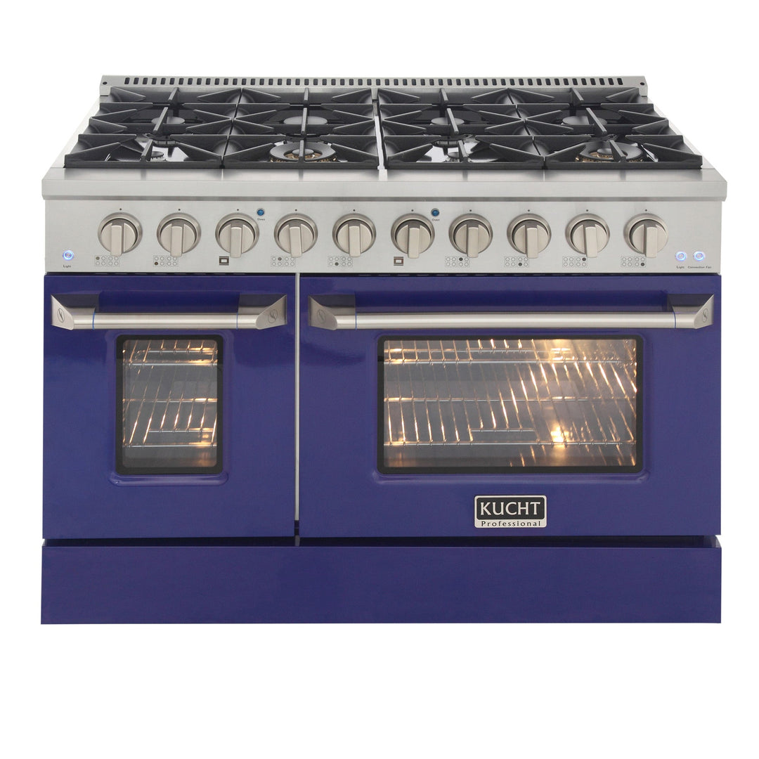 KUCHT Professional 48 in. 6.7 cu. ft. Propane Gas Range with Sealed Burners, Griddle/Grill and Two Ovens - One Convection - in Stainless Steel with Blue Oven Doors