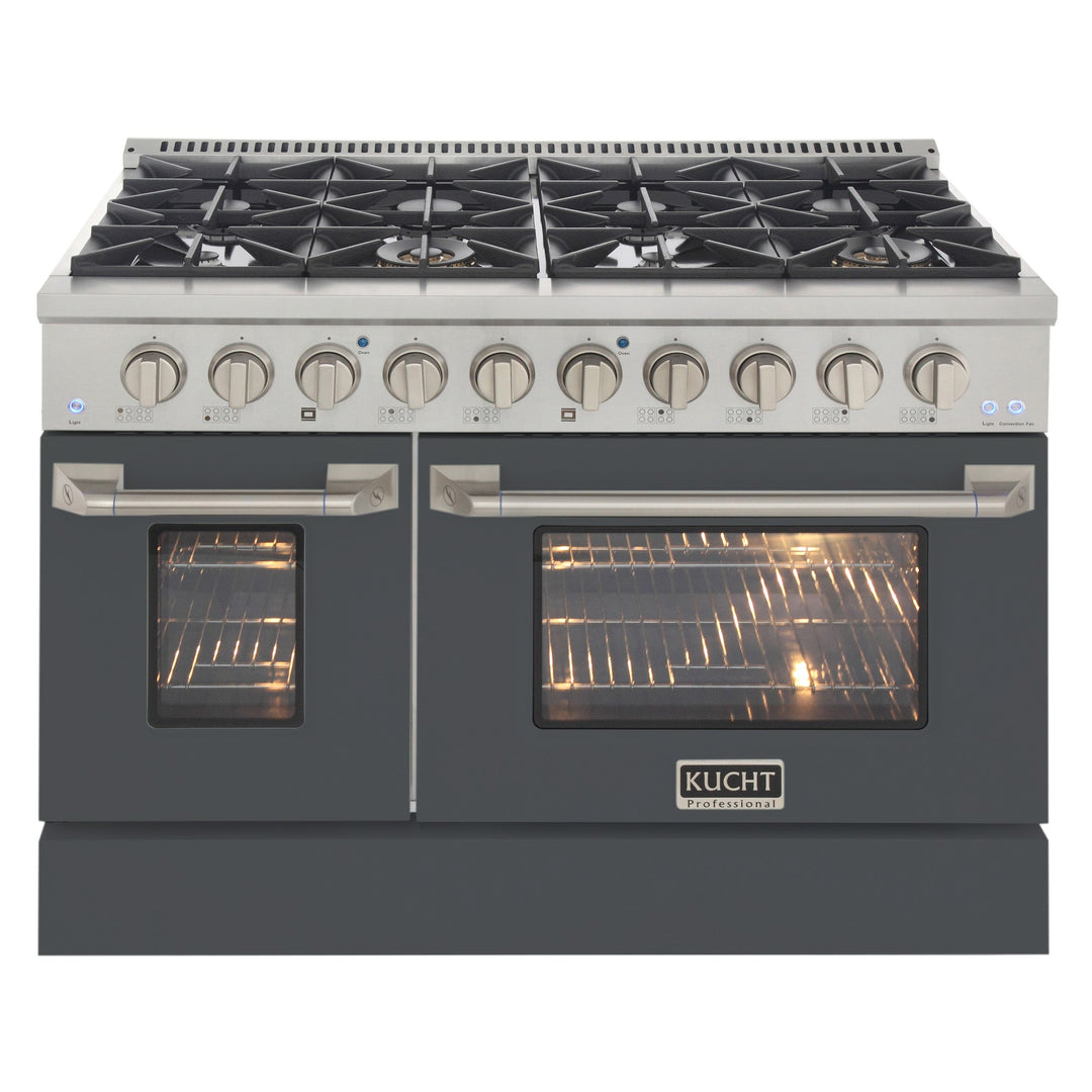 KUCHT Professional 48 in. 6.7 cu. ft. Propane Gas Range with Sealed Burners, Griddle/Grill and Two Ovens - One Convection - in Stainless Steel with Cement Grey Oven Door