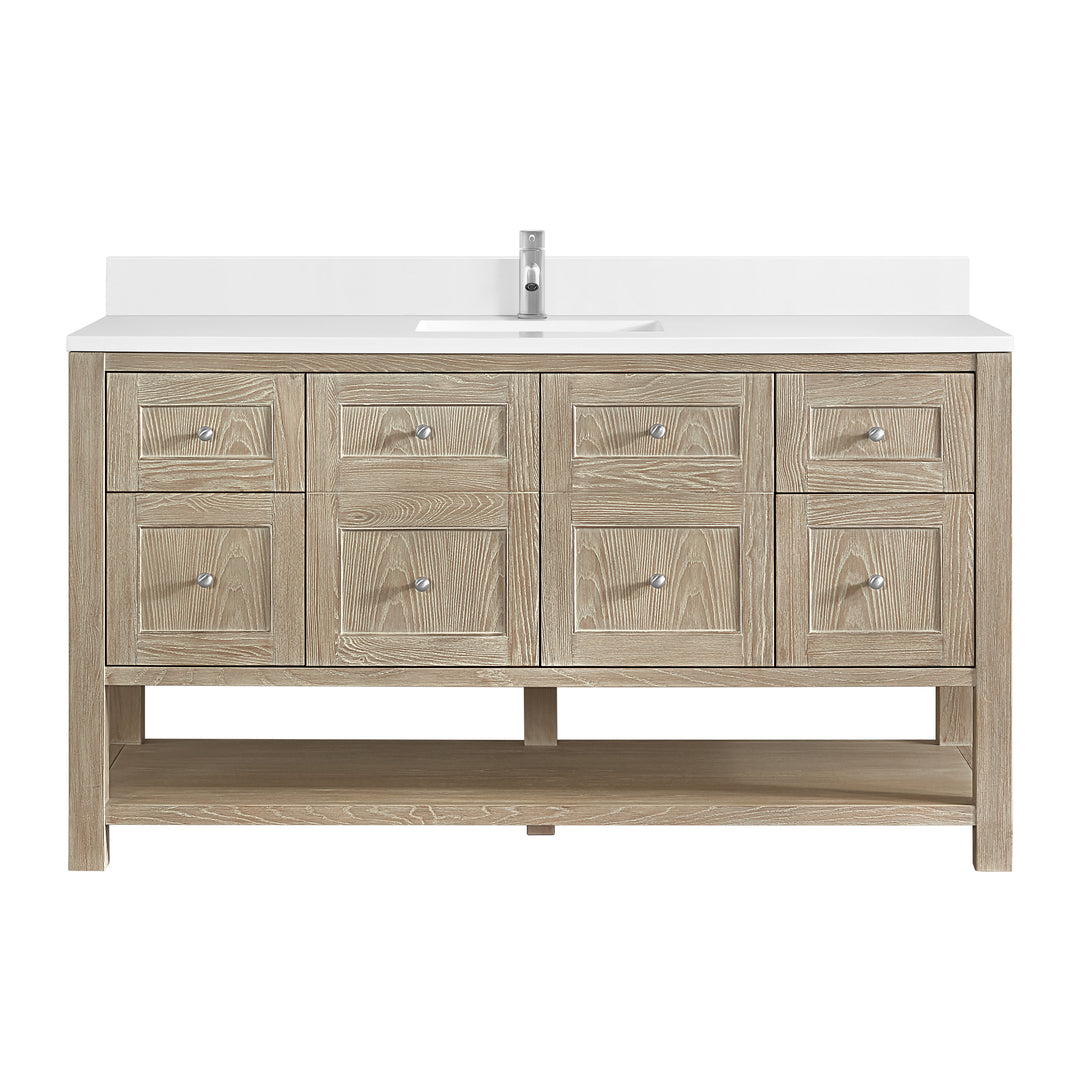 Breckenridge 60" Single Vanity, Whitewashed Oak, w/ Single Hole 3 CM White Zeus Quartz Top & Backsplash