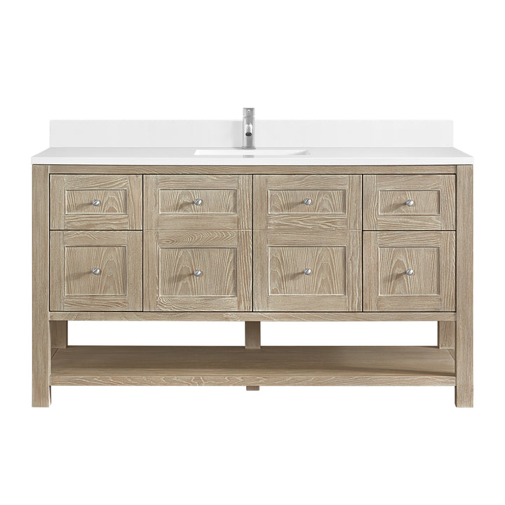 Breckenridge 60" Single Vanity, Whitewashed Oak, w/ Single Hole 3 CM White Zeus Quartz Top & Backsplash