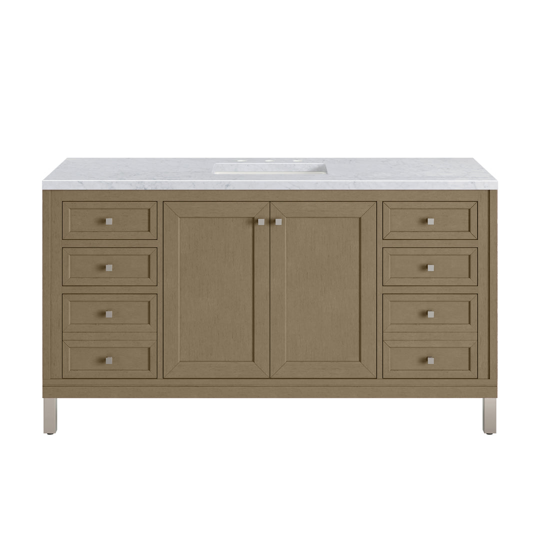Chicago 60" Single Vanity, Walnut Whisper, w/ 3 CM Carrara Marble Top