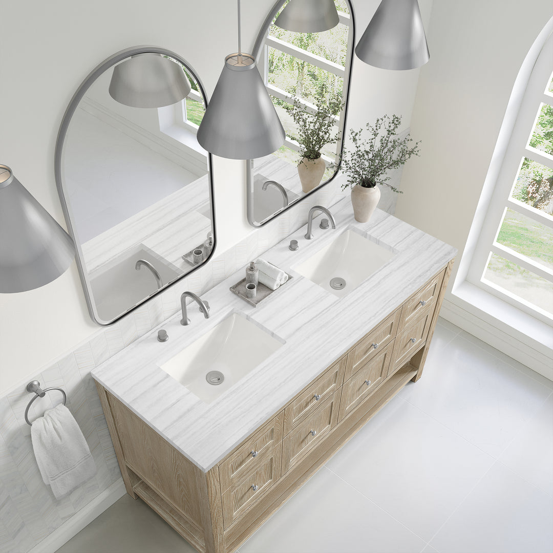 Breckenridge 60" Double Vanity, Whitewashed Oak, w/ 3 CM Arctic Fall Solid Surface Top