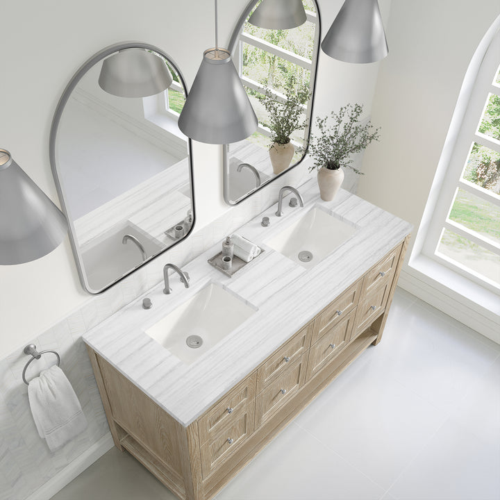 Breckenridge 60" Double Vanity, Whitewashed Oak, w/ 3 CM Arctic Fall Solid Surface Top