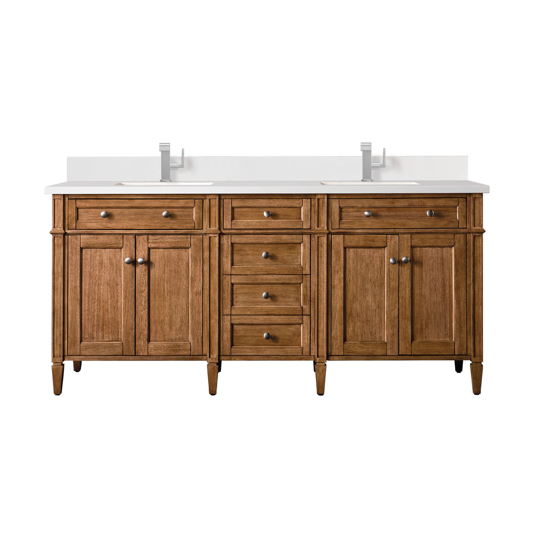 Brittany 72" Double Vanity, Saddle Brown w/ Single Hole 3 CM White Zeus Silestone Top & Backsplash