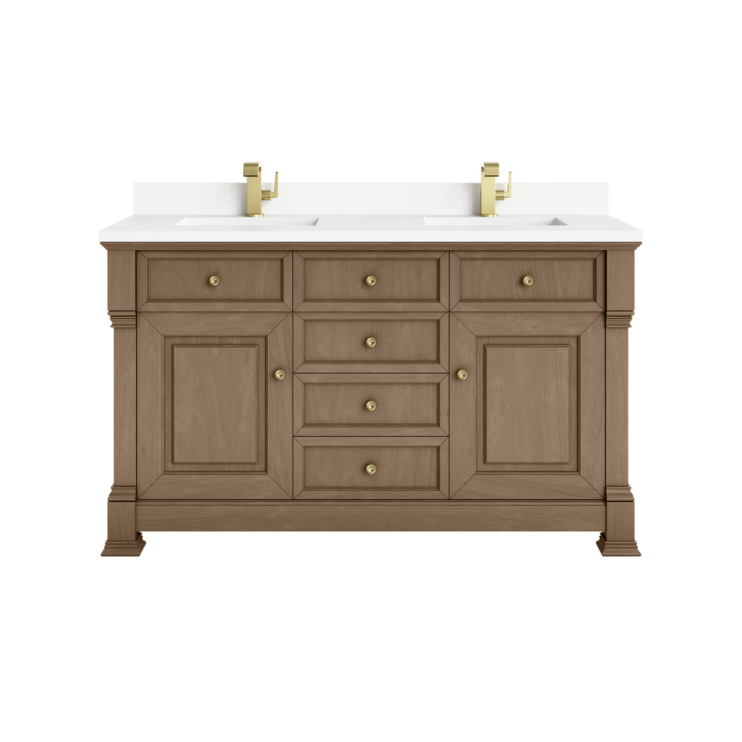 Brookfield 60" Double Vanity, Pecan w/ Single Hole 3CM White Zeus Silestone® Top & Backsplash