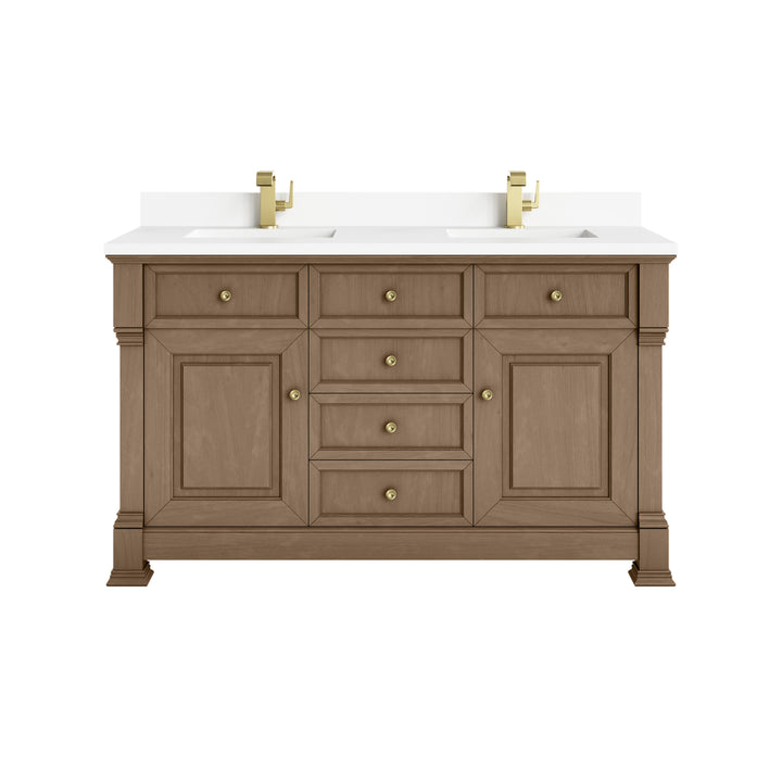 Brookfield 60" Double Vanity, Pecan w/ Single Hole 3CM White Zeus Silestone® Top & Backsplash