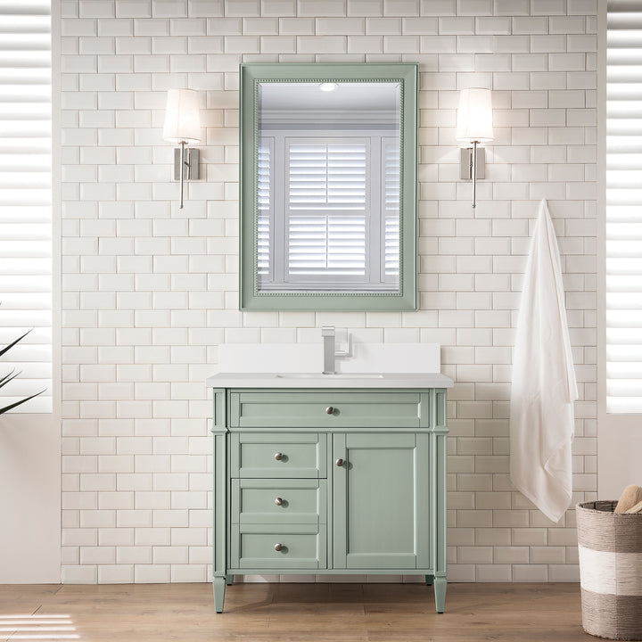 Brittany 36" Single Vanity, Sage Green w/ Single Hole 3 CM White Zeus Silestone Top & Backsplash