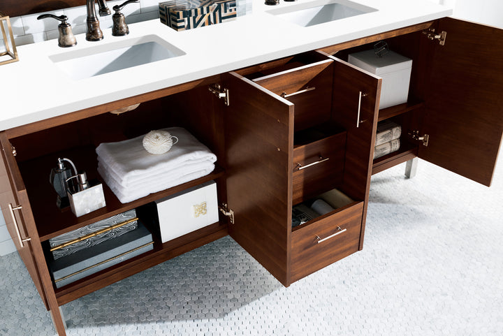 Metropolitan 72" Double Vanity, American Walnut w/ 3 CM White Zeus Silestone Top