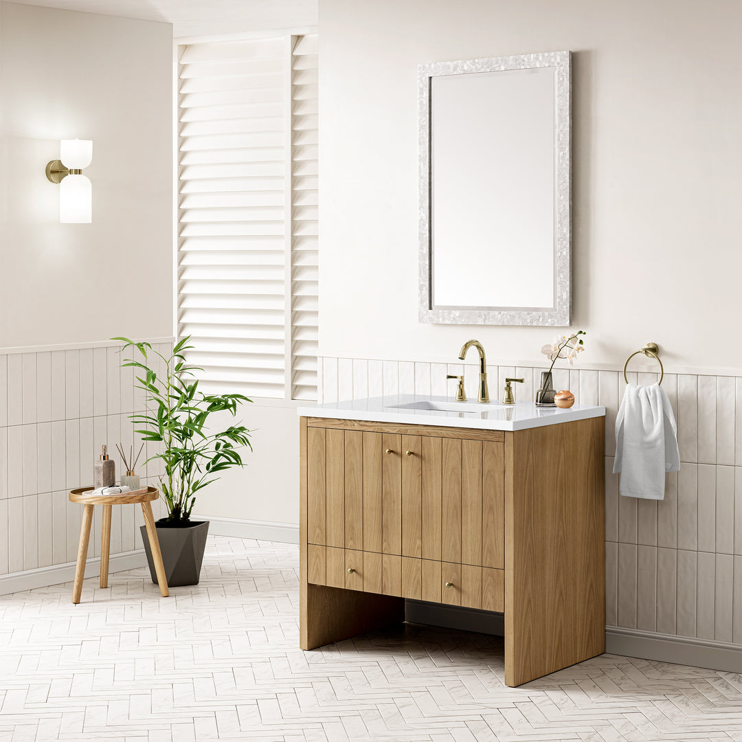 Hudson 36" Single Vanity, Light Natural Oak w/ 3 CM White Zeus Top